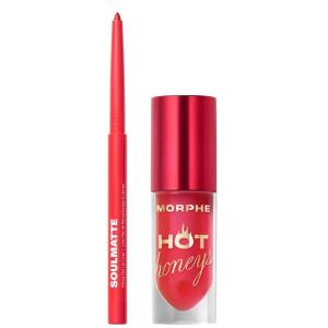 MORPHE Lip Define & Shine Duo – Soulmatte Gel Lip Liner First Kiss (0.007 oz), Hot Honeys Volumizing Lip Oil Queen Bee (0.15 fl oz) – Sculpt, Plump & Gloss