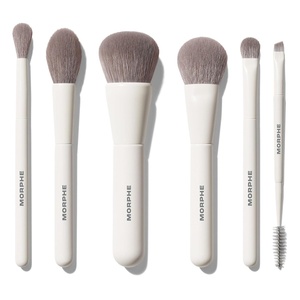 Morphe Along for the Glide 6 Piece Makeup Brush Set – Travel Makeup Brushes for Face and Eyes with Silicone Bag – Professional Make Up Tools for Foundation, Blush, Eyeshadow, Brow (6 ct)